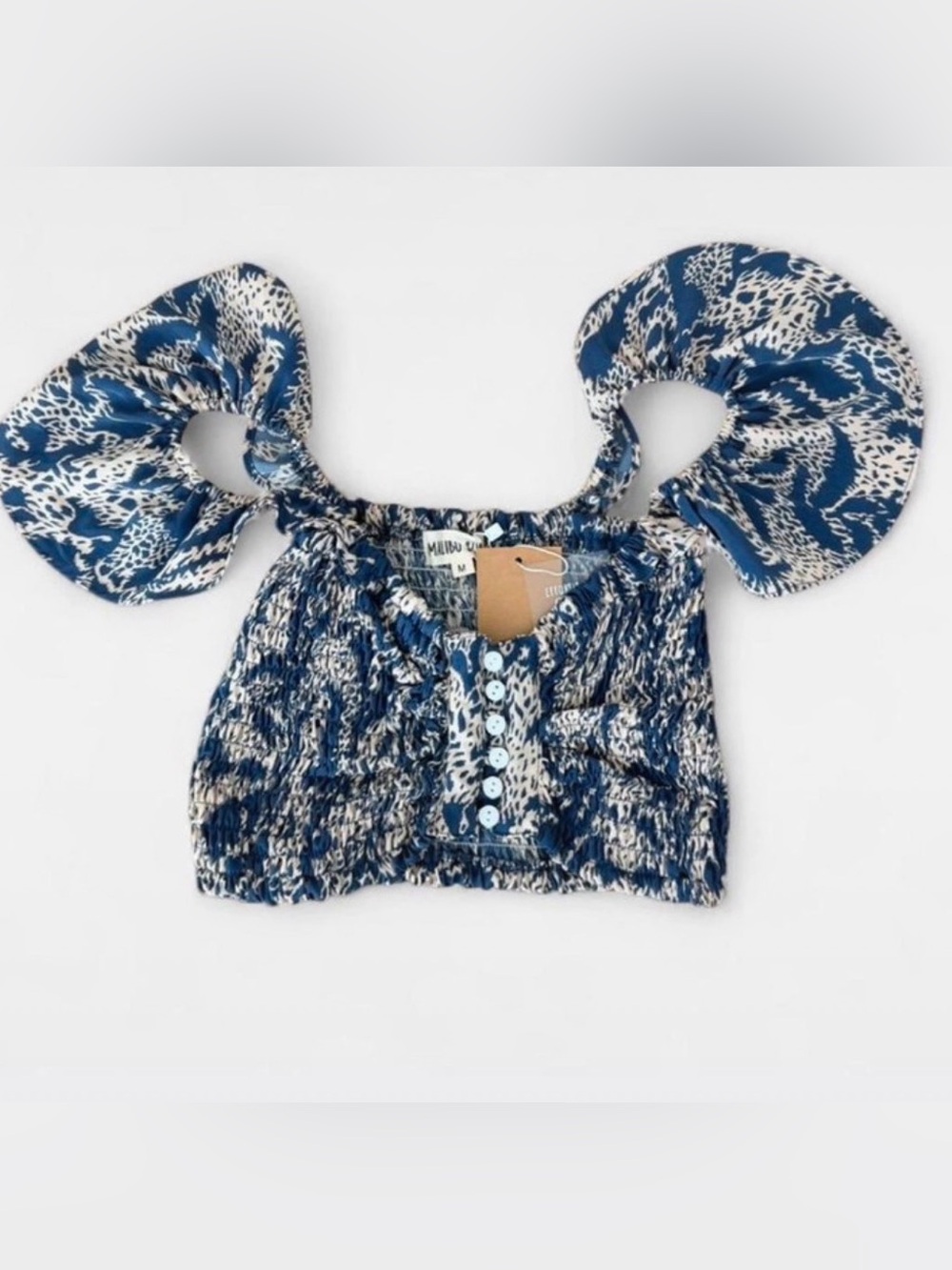 Malibu Bum Cottagecore Coquette Smocked Puff Sleeve Crop Top Blue Animal Print M